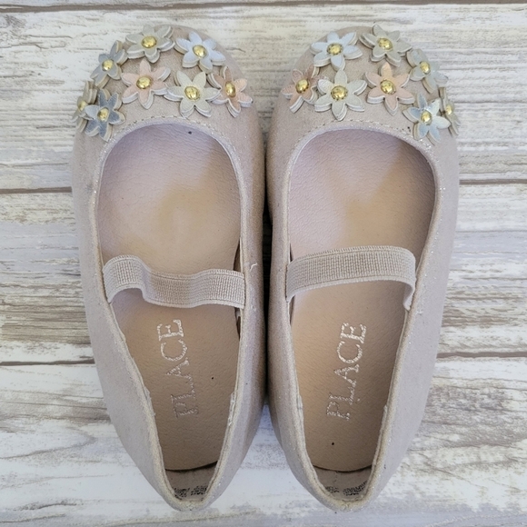 Children's Place Toddler Mary Jane Ballet Flats w/ Flowers Size 5 Gold Shimmer - Picture 6 of 9